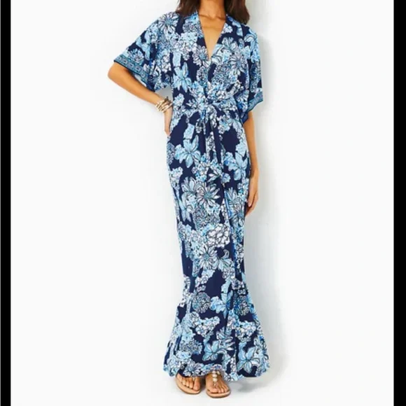 lilly pulitzer wisteria v-neck maxi dress Lilly Pulitzer Wisteria Elbow Sleeve V-Neck Women's Dress Low Tide : 4
